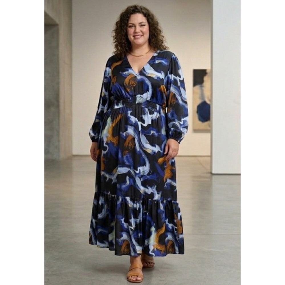 Nine West Satin Maxi Dress Womens 3X Black Blue Abstract Smocked Elastic Waist